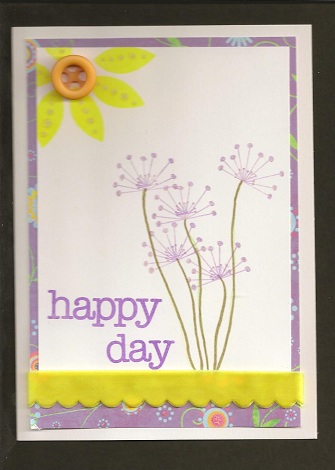 Happy Day
This card was created using several of the Stamps of Life sets. The flowers are from the Thanks2You set, the sentiment is from the Love2hug set, and the flowers stems are from the Daisies4You set. I accented the tips of the flowers and the sun dots with a clear glitter pen, just to add to the overall girliness. 

