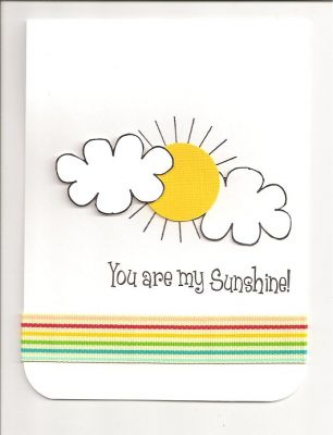 My Sunshine
I used a circle punch to get a nice sunny yellow in my sun. The rainbow ribbon worked so well on this card.
