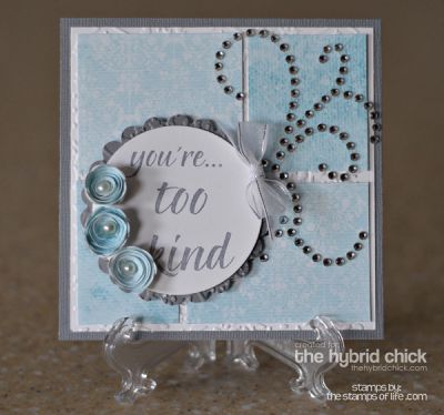 You're Too Kind
Blue paper from Blush Taffeta digital kit by Danielle Engrebetson at The Digi Chick
Nestabilities scalloped circle and circle dies
Cuttlebug embossing folder
rhinestones, pearls, ribbon
Grey cardstock from The Paper Studio darks textured cardstock
Keywords: youare2kind
