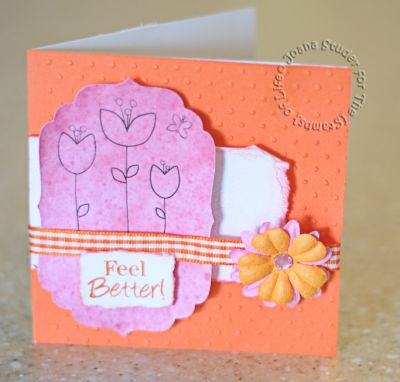 Feel Better
getwell2You stamps
Cuttlebug swiss dot embossing folder
CTMH inks
Prima flowers
ribbon
3-D foam adhesive
Nestabilities label die
rhinestone
 
Keywords: getwell2you TSOL10