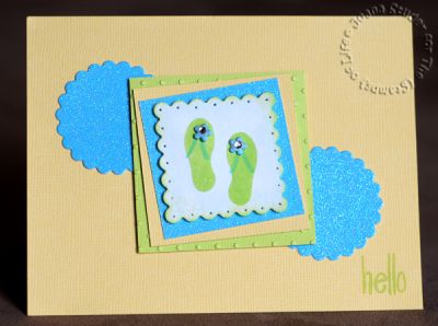 Hello
DCWV Brights cardstock & Citrus glitter paper
Nestabilities scalloped square & circle dies
Summer4fun stamps
