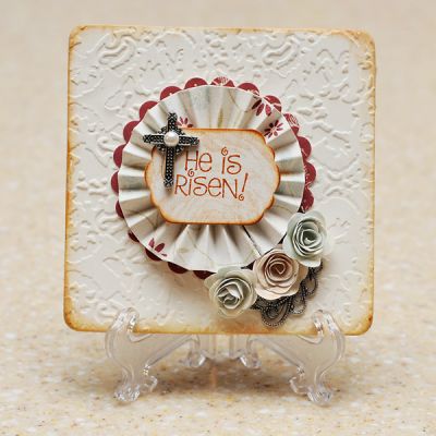 He is Risen altered coaster
4" altered coaster
Sizzix Tim Holtz embossing folder
papers from J'Adore digital scrapbook kit by Kristin Cronin-Barrow at Sweet Shoppe Designs
scalloped circle Nestabilities die
