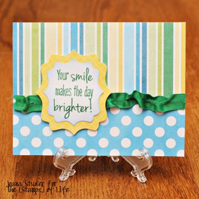 Brighter day
Faces4Smiles
Sizzix Framelets Fancy Labels
Spearmint and Sky inks

The paper is from the digital scrapbook kit Love Laughter Sunshine Sweet Shoppe Designs Petit Four 2012 (limited edition, retired)

