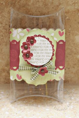For My Friend acetate pillow box
Sentiments4Circles stamp
Apple of my Eye digital kit by Geek Chic Scraps and Ellie Lash
Fiskars scalloped border punches
Nestabilities circle, scalloped circle, and labels 4 dies
EK Success flower punch
CTMH olive ink
