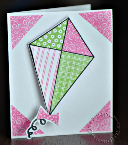 Mini card
Used 3x5 blank index card as the base. Cut out the kite image and a bow image. Popped the kite up with 3-D foam adhesive squares.
