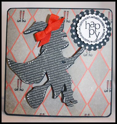 Happy Halloween Card
Paper: Bazzill, Making Memories, Bling: Bazzill, Ribbon: offray, Pen: Uniball, Ink: Colorbox, Witch die cut: My own creation.

If you have SCAL feel free to check out my blog for a free witch cut file: www.jenthecrazyscrapbooker.blogspot.com

