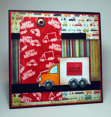 Emboss Resist Cars
I used the smaller stamps and stamped them in versamark on a shipping tag. Then I heat embossed with white embossing powder. I brayered over the tag with red ink
Keywords: cars2drive