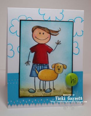 Leave it to Bieber!
Hehe!!! I used the Pony Tail from the set to create this Justin Bieber-like hairstyle! I also used the masking technique with this card and Hand drew some lines on his shorts to imitate a pair of cut off jeans.
Keywords: Vicki Garrett Kids2love Kites2fly (clouds)