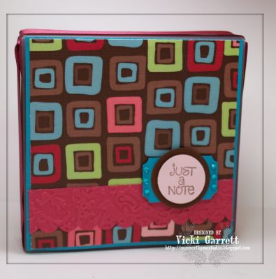 Sweet and Simple Notes
As you will see in the Photographs that follow, this is a Note Box that I created with a recycled plastic Floppy Disk Holder.  The set includes four 4x4 Note cards
Keywords: minis4circles Vicki Garrett