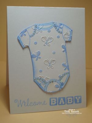 Sweet Baby Boy`
Used the Onesie stamp and cut it out before embossing with Steph's butterfly folder and stamping in the butterflies with her gorgeous ink!
Keywords: onesie4baby, butterfly embossing folder