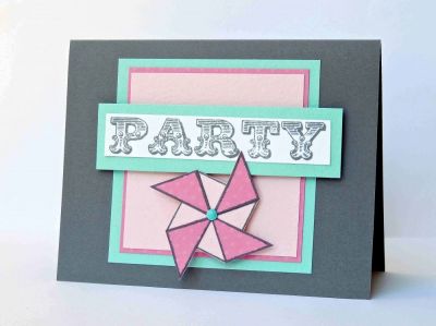 *PARTY
The subway style stamp is terrific because you have ALL of the sentiments to use - it's pretty easy to trim just the one you want for a card.  Don't feel limited by using the entire stamp! Just trim the rows apart and put them all on separate cards!
