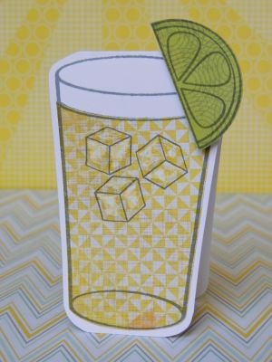*Lemonade shaped card
A shaped card, by stamping the lemonade cup on a folded piece of cardstock, and trimming around it, leaving the top fold attached.  I applied dimensional glaze to the ice cubes for some extra shine!
