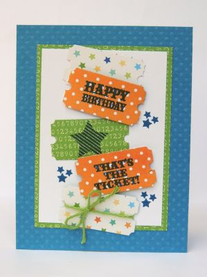 *Happy Birthday Tickets
Tickets were diecut from patterned paper (Elle's Studio), and stamped.  I love the way twine ties so nicely across the center of the ticket! 
