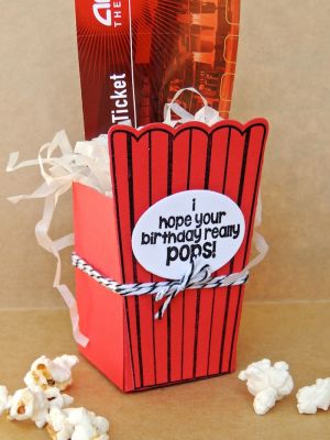 *popcorn gift box
I created the base of this box, using the Sizzix milk carton die, but then I cut the top off. Then I die cut the popcorn box and adhered it to the front. It's the perfect size for movie tickets or a gift card.
