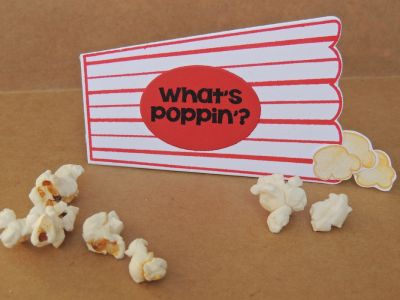 *Spilled popcorn card
I created a mini card base from card stock, and then adhered the popcorn container to the front. It's a fun shape for a mini card!
