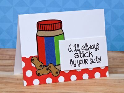 *Stick By Your Side
I stamped the jar on red, blue, and green cardstocks, and trimmed the labels, then used my trimmer to trim each off and layer to create the faux Jif label :)
