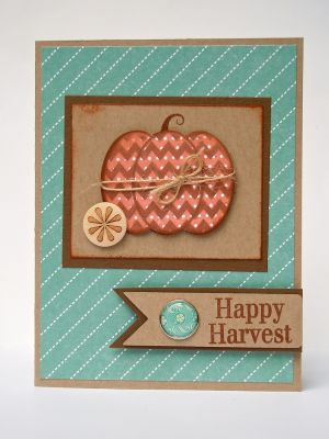 *Happy Harvest
I stamped the pumpkin in both the polka-dotted and the chevron patterns.  The patterned paper is from DCWV, cardstock from Discount Cardstock.
