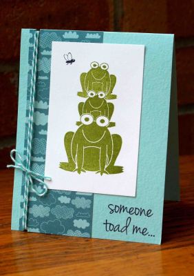Someone toad me. . .
Bella Blvd patterned paper, Discount Cardstock, and twine from The Twinery!  I masked the frogs to stack them on top of each other.  I am NOT a masking pro, and it took me a few times to figure out HOW to do it! But it worked! :)
