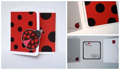 *Happy Birthday Ladybug
This is a trifold card.  The first image shows the front.  The top right image shows after opening the left flap, and the bottom right image shows the entire card opened.  I die-cut the black dots in two sizes to create the dotted background.
