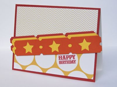*Diecut Ticket Strips card
I diecut three ticket strips, and then diecut the stars (from balloons2cut die set) from the middle of the orange strip.  The yellow polka dots are patterned paper from Die Cuts with a View.
Keywords: balloons2cut 
