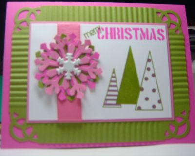 Pink Snowflakes
Not having Prism CS, I used SU! Regal Rose, Pink Passion and Old Olive. I used my crimper to give the Old Olive CS some dimension. I punch a snowflake from each color.
