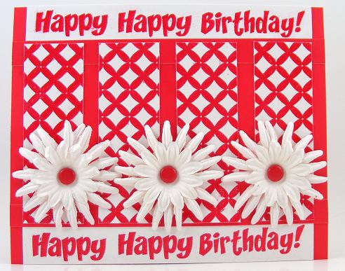 "Happy" Red Birthday Card
Heat embossed pattern2love with red embossing powder (plus the sentiments).  The sentiment is from robots2build.

http://bevscreativepath.blogspot.com/
Keywords: pattern2love