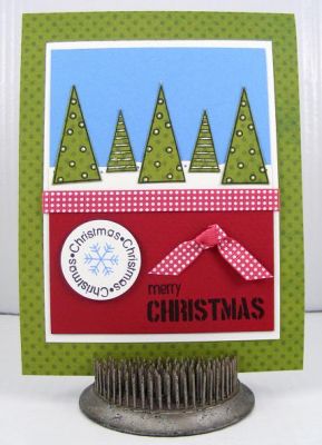 Merry Christmas Card
Fun card using the November Joy2Christmas Set.
The dotted paper is by BoBunny (Double Dot Collection) and the ribbon is by American Crafts.  
Keywords: The Stamps Of Life/November Joy2Christmas Set