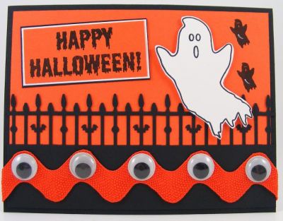 Spooky Ghosts Card
This set features the spooky2scare clear stamp set.  I used giant orange ric rac at the bottom of the card with large google eyes glued to it.  :)  The fence design is from a Martha Stewart punch called deep edge Iron Fence.
Keywords: The {Stamps} Of Life/spooky2scare