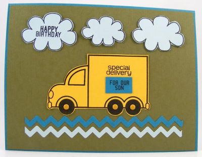 Special Delivery Birthday Card
Card uses cars2drive clear stamps.  The cloud images are from kites2fly clear stamp set.
Keywords: cars2drive kites2fly