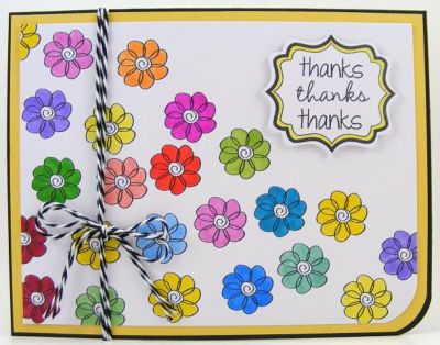 Many Thanks Floral Card
The flower stamps is from swirls4words.  The "thanks" sentiments are from tinytitles2stamp and were stamped inside the label from stamps4fancylabel.  I cut the shape with the Sizzix Fancy Label Framelit.  Flowers were colored with Copic markers and twine from The Twinery were used to finish another "quick and easy" card from yours truly.  :)

http://bevscreativepath.blogspot.com/
Keywords: tinytitles2stamp swirls4words