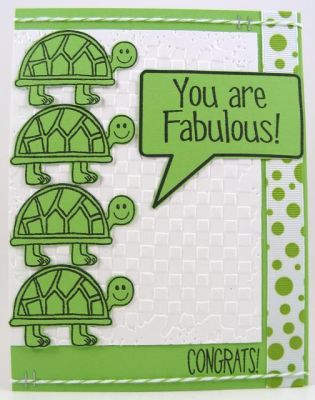 The turtle image is from the late4Bday clear stamp set.  The words are from talk2me.  Embossing folder by Sizzix.
Keywords: talk2me