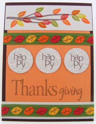 Happy Thanksgiving Card
Branches4flowers clear stamp set used to create this fall/Thanksgiving card.  The card also used happy2becircles and Thanks2Fall.  The embossing folder is by Sizzix.
Keywords: branches4flowers