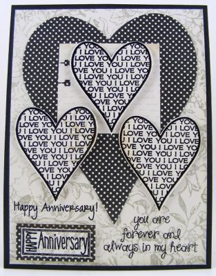 *Happy Anniversary Hearts Card*
Stamps from hearts2diefor and anniversary2celebrate clear stamp sets.

Heart diecuts by Sizzix (#657574).
Keywords: hearts2diefor anniversary2celebrate