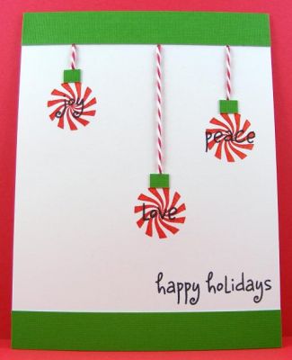 Candy Ornaments Card
Fast and easy card transforming the "candy" into ornaments using the candy2share clear stamp set.  I also used penguins4Christmas for the words.  The baker's twine is from The Twinery.
Keywords: candy2share