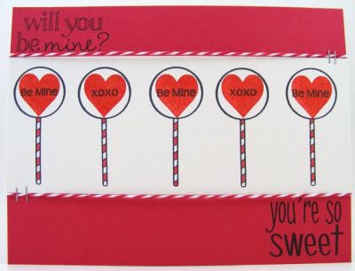 Sweet Valentine Card
I added hearts to the "sucker" stamp in candy2share to create a Valentine's card.  The hearts and words are from the Love2Hug clear stamps.  The baker's twine is from The Twinery.  The ink pads are Stephanie Barnard's Licorice and Strawberry by Clearsnap.
Keywords: candy2share