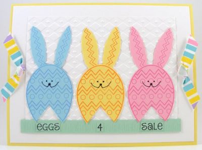 Egg "Bunnies" Card
Card features eggs2hunt clear stamp set.  I made the "bunnies" by stamping the eggs and trimming.  The ears were cut free hand.
Keywords: SOL eggs2hunt