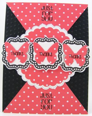 ***Just  You Thanks Card***
I used framefive2stamp clear stamps with Sizzix Framelit Label #5 die.  (Scalloped circles were done with Sizzix eClips).
Keywords: framefive2stamp