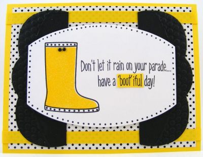***Bootiful Day Card***
Quick and easy card using boots4rain plus Sizzix Framelit (#658204) and Sizzix Textured Impressions (#658215).
Keywords: boots4rain