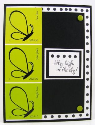 Fly High Card
I heat embossed the butterfly images with black powder on a green paint chip sample.  The polka dots were done with the small circle from the butterfly2build clear stamp set too.  :)
Keywords: SOL butterfly2build