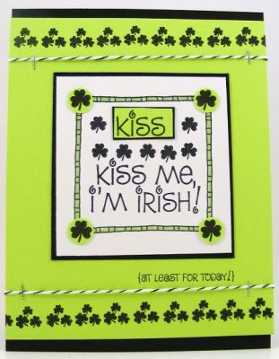 Kiss, Kiss Me Card
Card features shamrocks4us clear stamp set. (I LOVE this set.....had a lot of fun with it).  :)  The stamped frame on this one is from the "hearts2love" clear stamp set. (Covered up the hearts by stamping little shamrocks and punching them out....adhered to corners).
Keywords: shamrocks4us