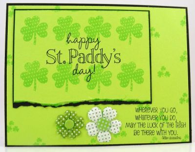 Happy St. Patrick's Day Card
Card features shamrocks4us clear stamp set.  The flowers are by Prima Marketing and the brads are by BoBunny. 
Keywords: shamrocks4us