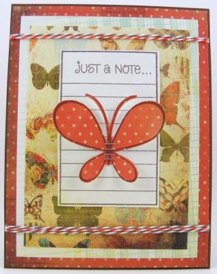 Just A Note Butterfly Card
Quick and easy card using list2write and butterfly2build clear stamp sets.  :)  The patterned papers are by Glitz Designs.  The baker's twine is from The Twinery.
Keywords: list2write