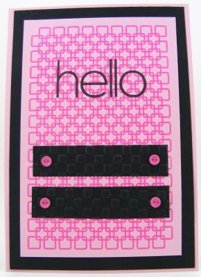 **Hello Card**
Fast and easy card using back2squares background stamp and hello2you plus Sizzix Textured Impression (#656646).  The brads are by Making Memories (white but I colored with Copic marker).  :)
Keywords: back2squares