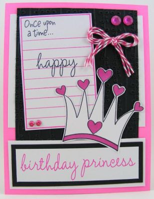 Happy Birthday Princess Card
I combined list2write and princess4life to create this "girly" birthday card.  :)  The black cardstock was embossed with a Sizzix Textured Impression.  The baker's twine is from The Twinery.
Keywords: list2write princess4life