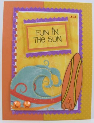 Fun In The Sun Card
I had this patterned paper from BoBunny that just screamed for the "fun in the sun" sentiment from island2visit.  The stamped surfboard is from the summer4fun clear stamp set.
Keywords: island2visit