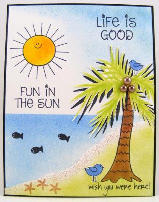 Fun and Life Card
I used the following Stamps of Life sets:
island2visit (palm tree, sentiments)
summer4fun (sun and fish)
trees2build (birds)
Keywords: island2visit
