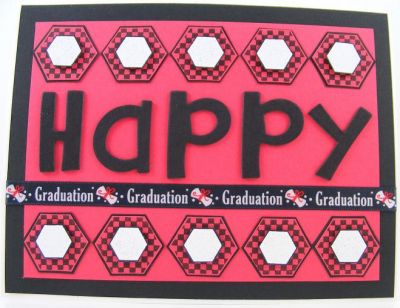 Happy Graduation Card
The small white hexagons on this card are heat embossed with white embossing powder.  The black chipboard diecuts letters were done with the Butterfly Kisses Alphabet by Sizzix.
Keywords: hexagons2loves