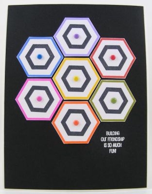 Hexagon Flower Card
Fun flower created by putting the hexagons together.  The sentiment is heat embossed with white embossing powder.
Keywords: hexagons2loves