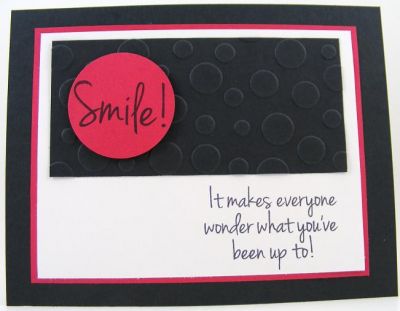 Tricky Smile Card
Quick card using my favorite color combo of red, black and white.  The embossing folder is by Sizzix.
Keywords: faces4stamps