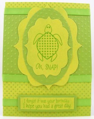 Forgetful Turtle Birthday Card
I used Sizzix Framelits and embossing folder along with turtle2love to create this belated birthday card.  :)
Keywords: turtle2love